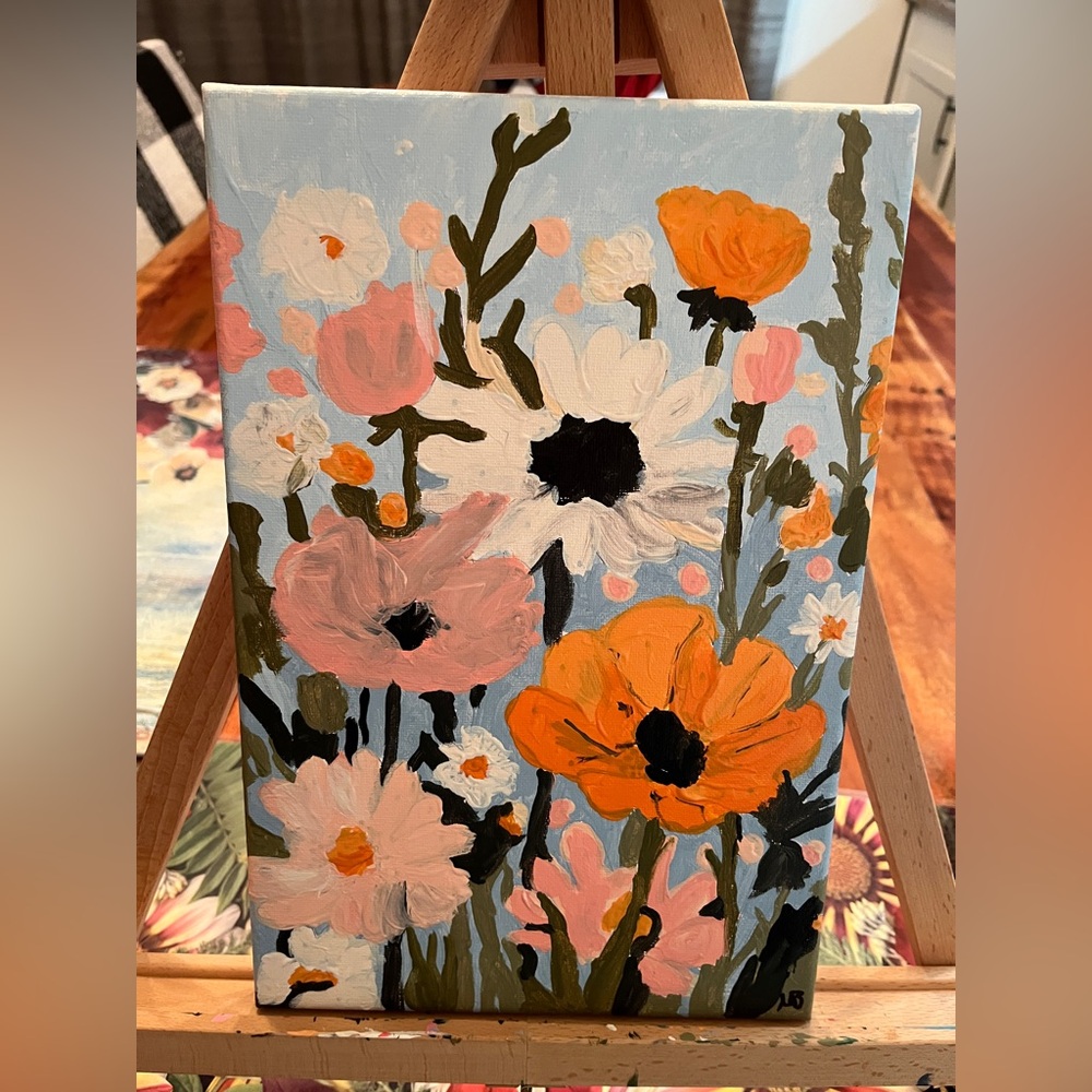 Hand painted by me acrylic on canvas pink daisy field with poppies